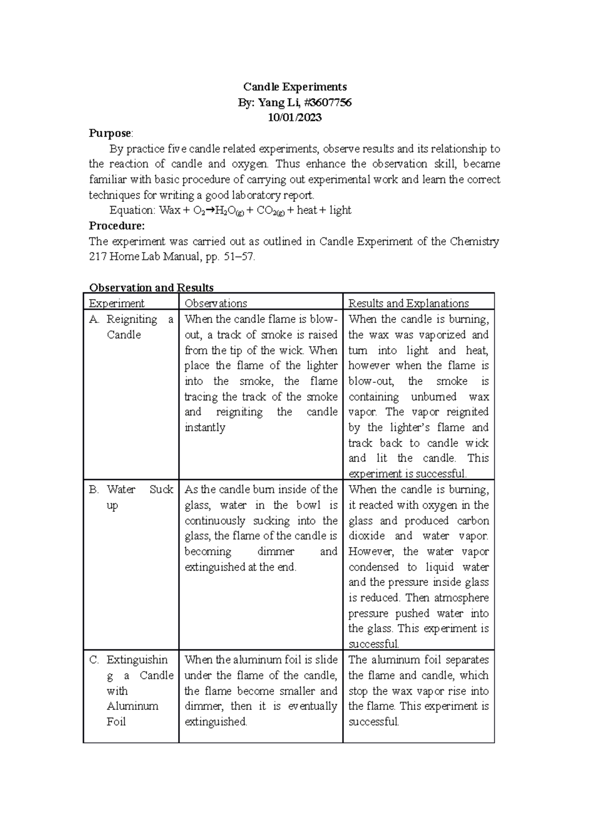Candle Experiments lab work Candle Experiments By Yang Li, 10/01