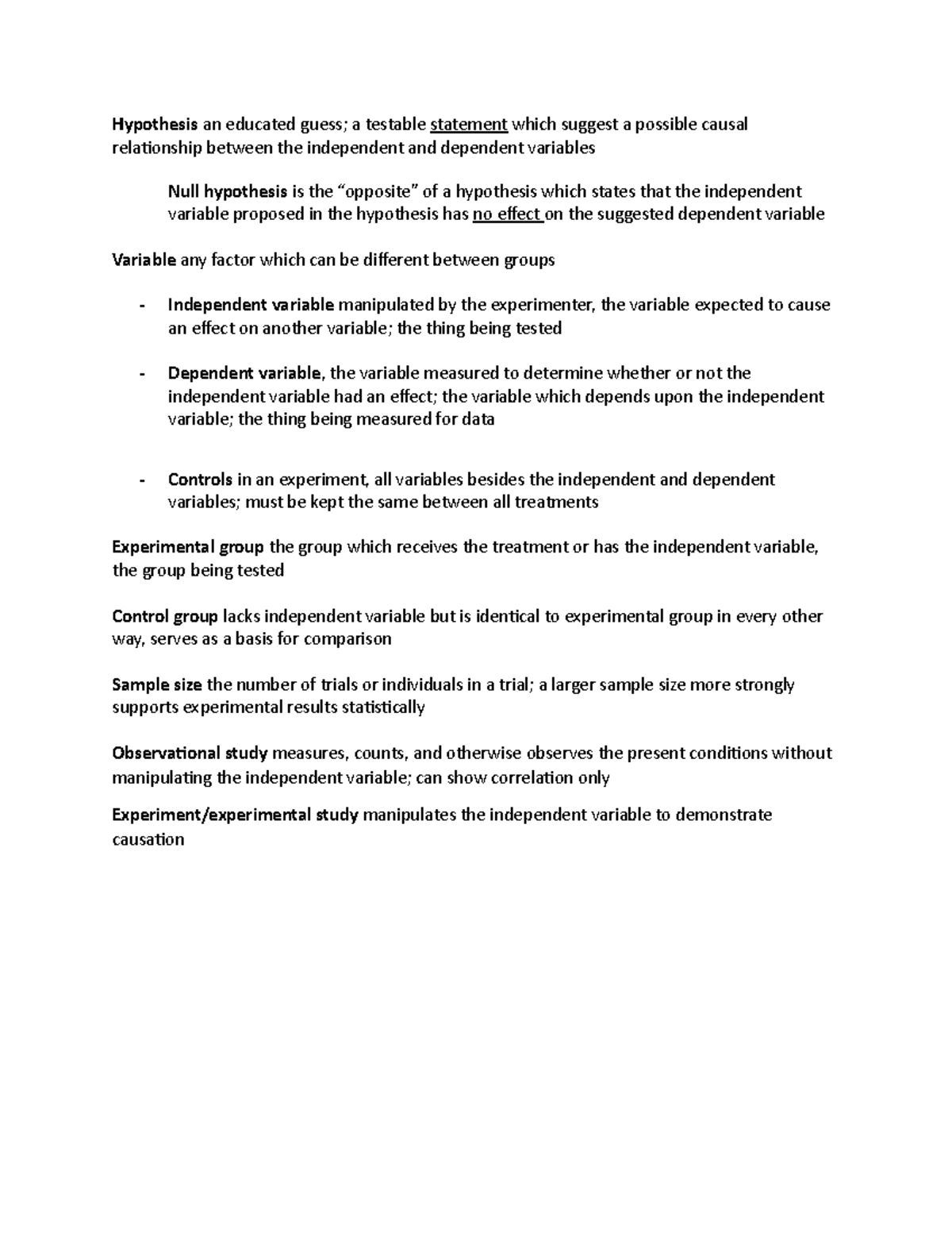 Experiment Terminology Hypothesis an guess; testable statement suggest a possible - StuDocu