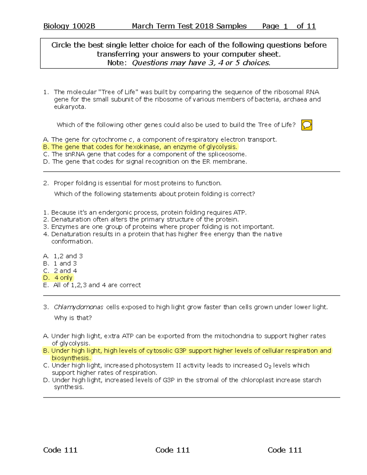 Midterm March Sample Questions+Answers 2018 - Biology 1002B March Term ...
