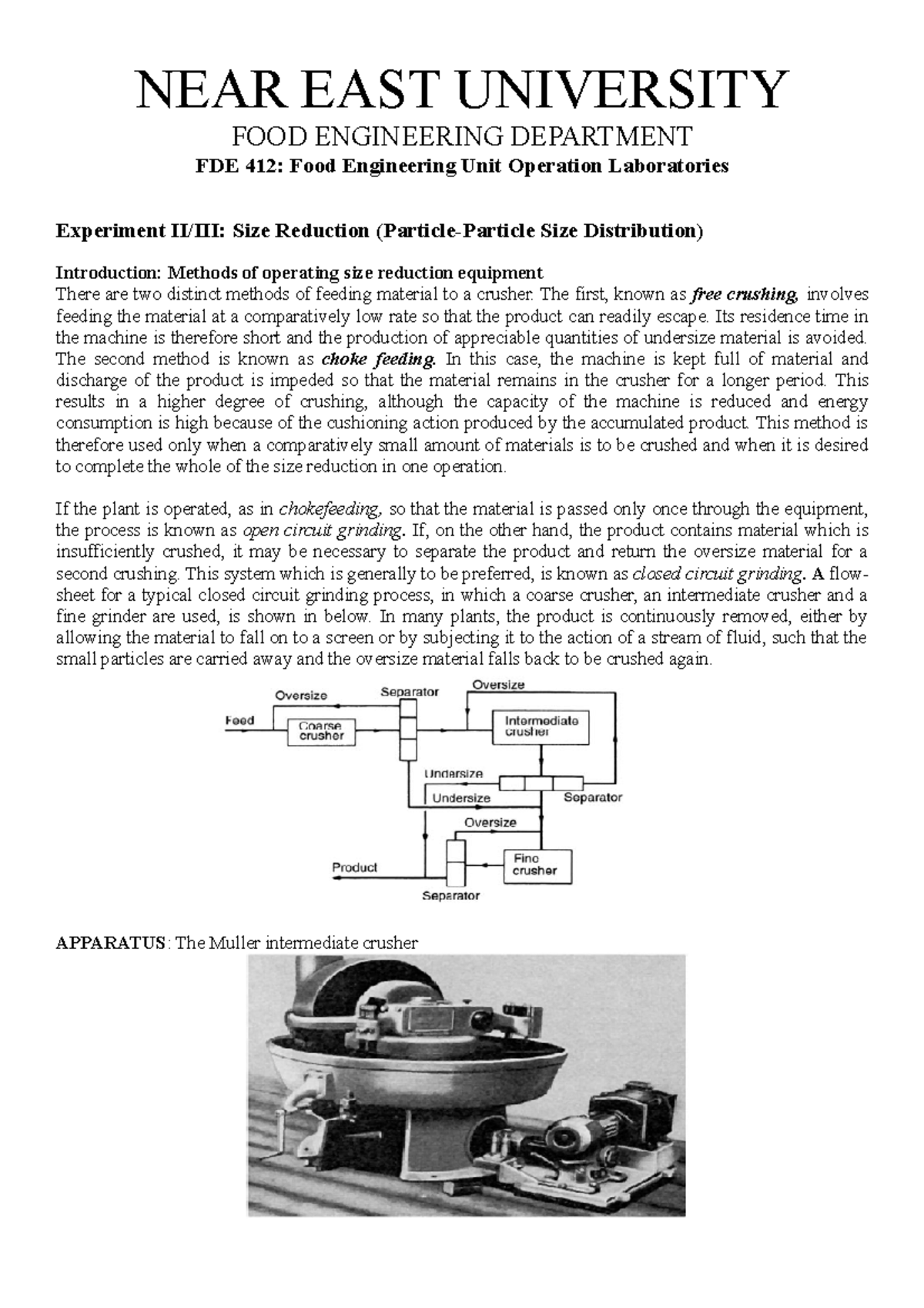 FDE412- Experiment II-SIZE Reduction - NEAR EAST UNIVERSITY FOOD ...
