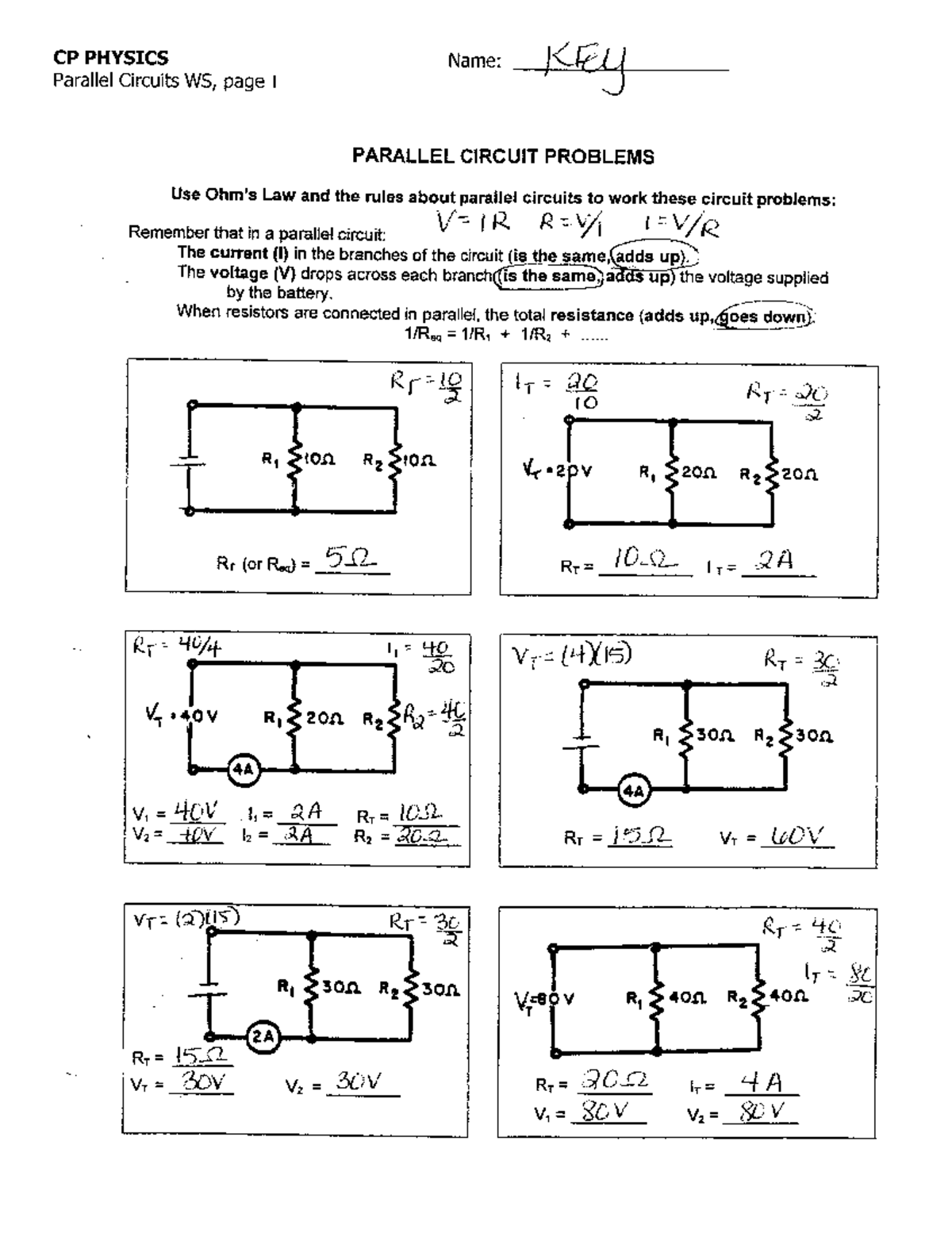 Parallel and Complex Circuits WS - Answers 2 - CP PHYSICS Parallel ...