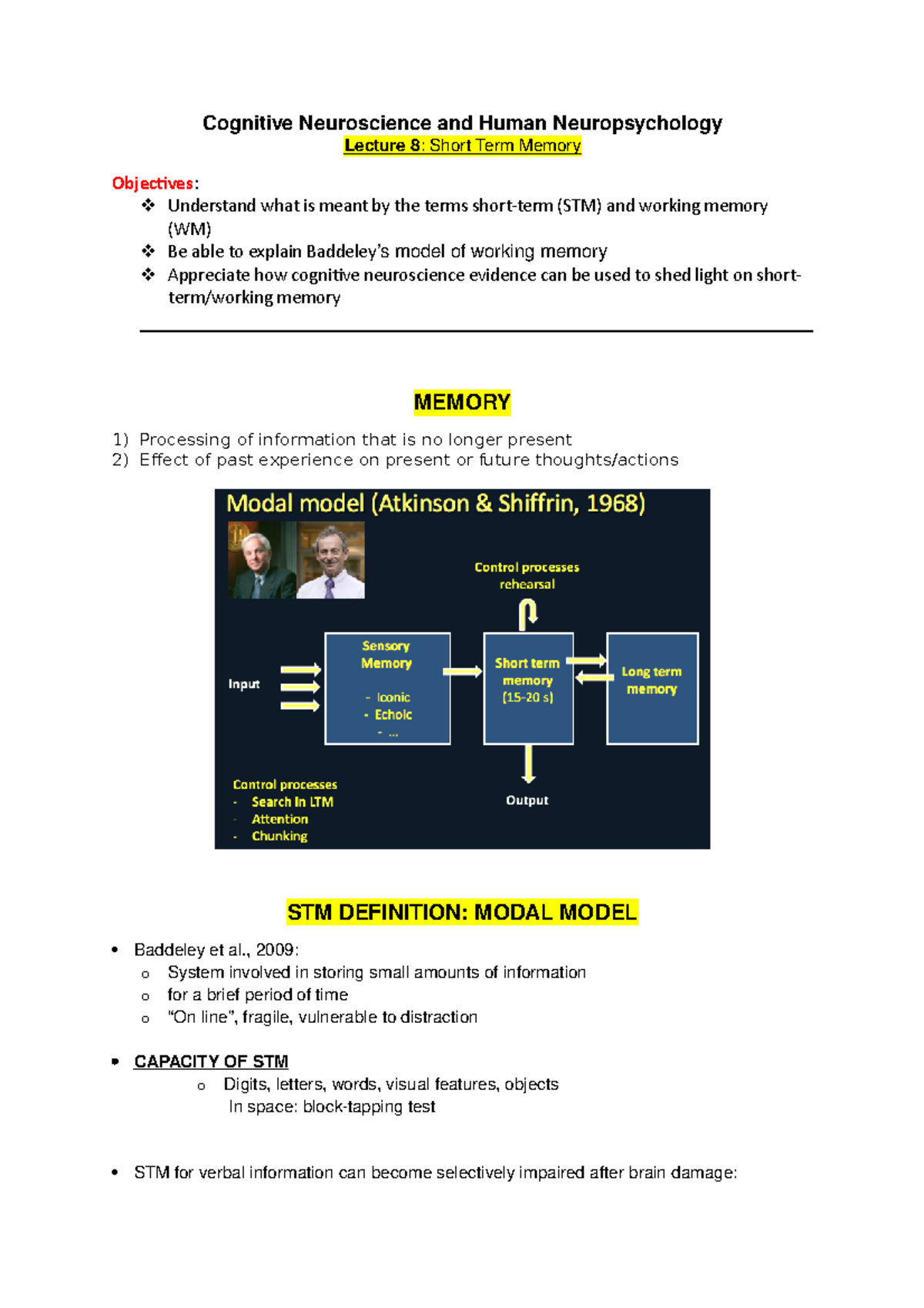 L8-9-10 Memory, Working Memory LTM - Cognitive Neuroscience and Human ...