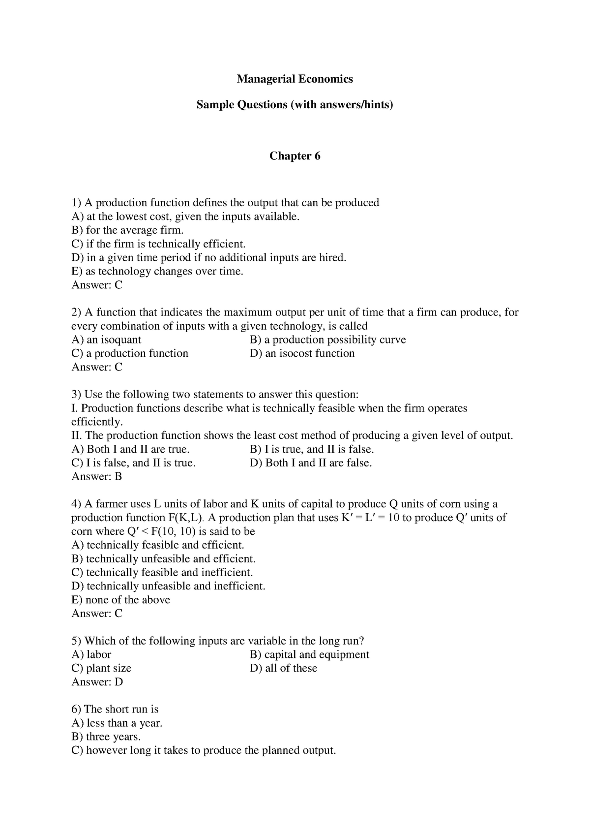 Chapters 6, 7, 8 - Microeconomics Quiz Questions - Managerial Economics ...