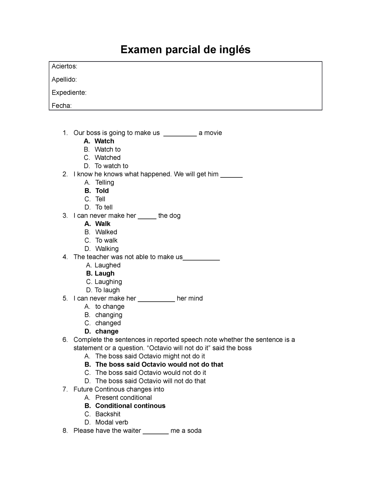 EVALUACION DE INGLES PREPARATORIA, SEGUNDO BIMESTRE online