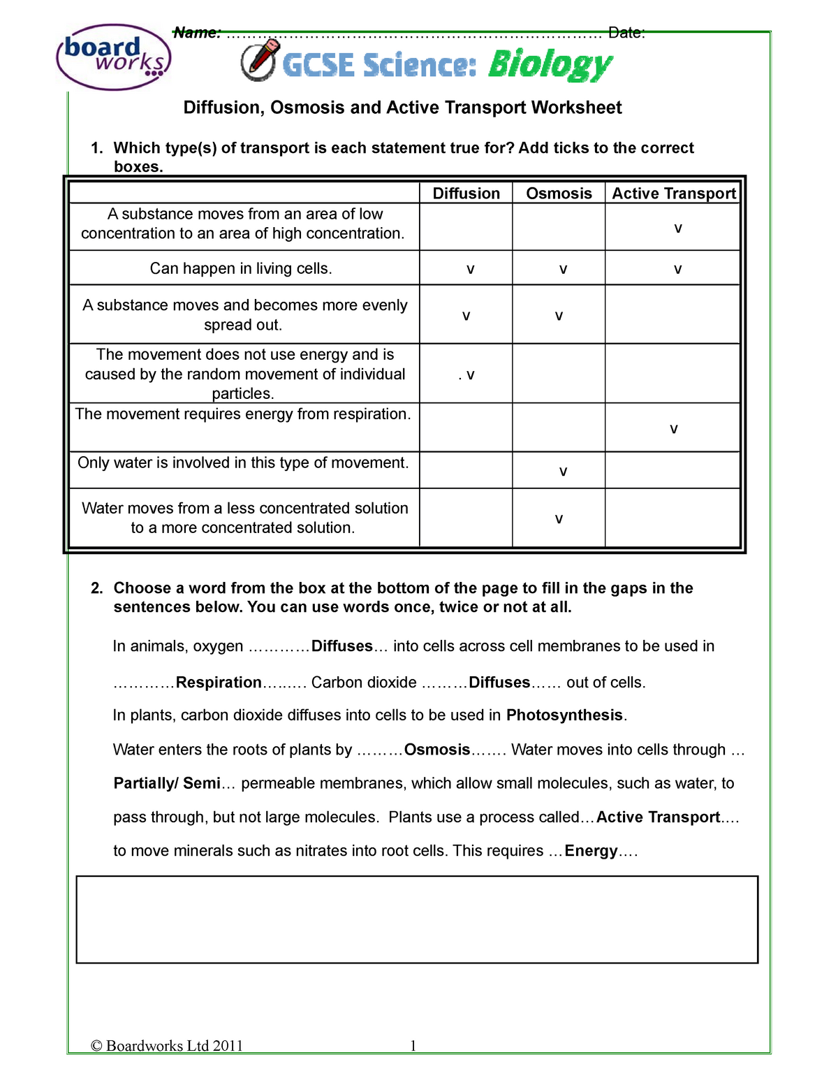 Diffusion Osmosis and Active Transport Worksheet F20 - Name Intended For Cell Transport Worksheet Biology Answers