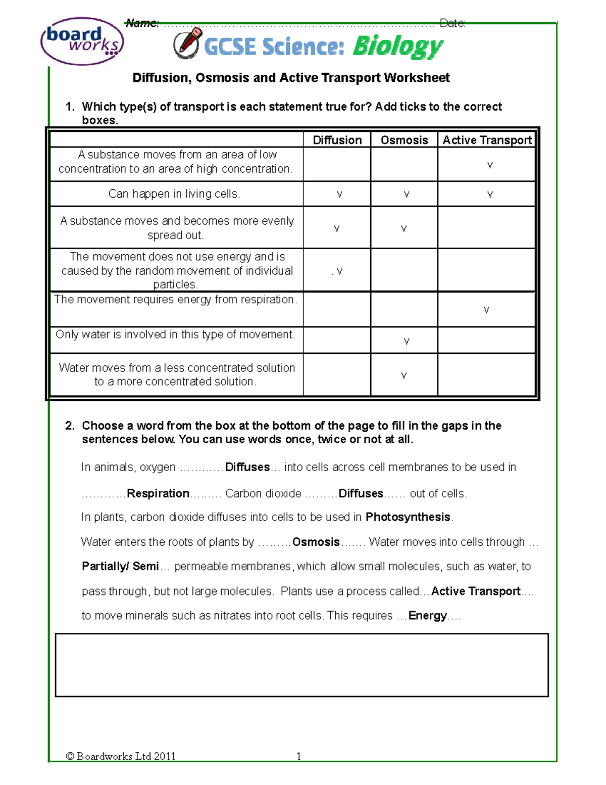 Diffusion Osmosis and Active Transport Worksheet F20 - Name Intended For Cell Transport Worksheet Biology Answers