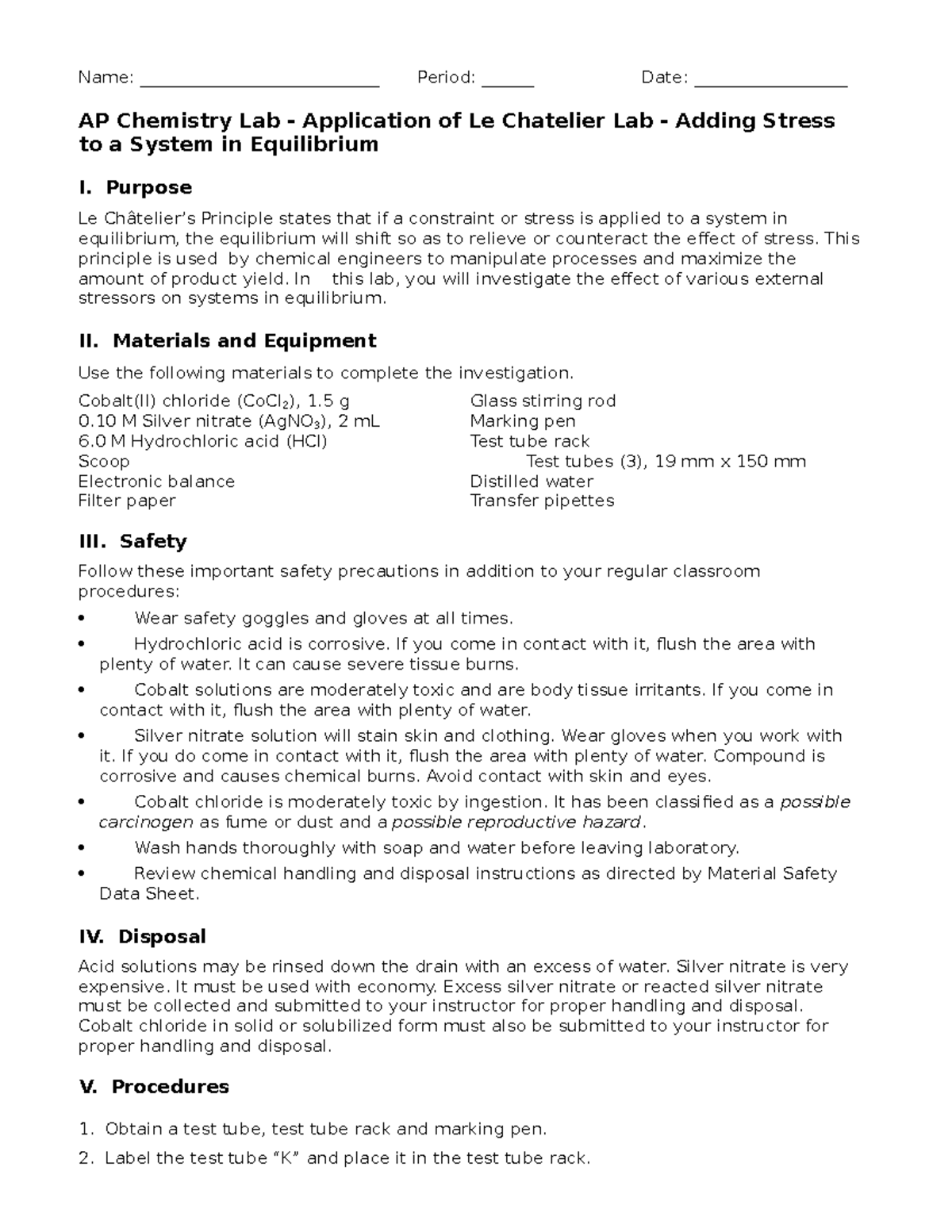AP Le Chatelier Lab Name ____________________________ Period