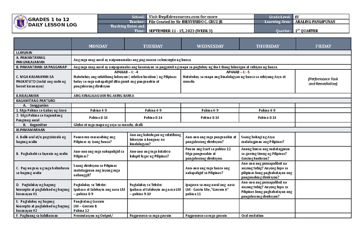 DLL Araling Panlipunan 4 Q1 W3 - GRADES 1 to 12 DAILY LESSON LOG School ...