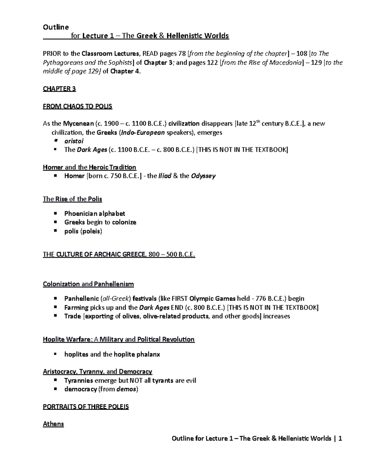 HIST Lecture 1 - Outline for Lecture 1 – The Greek & Hellenistic Worlds ...