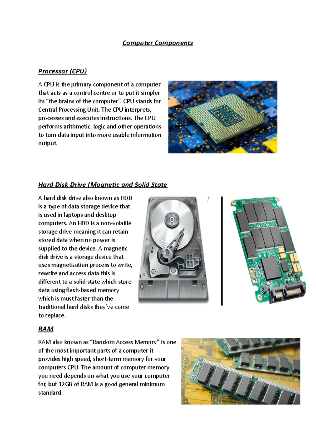 Computer Components - yfbf - Computer Components Processor (CPU) A CPU ...