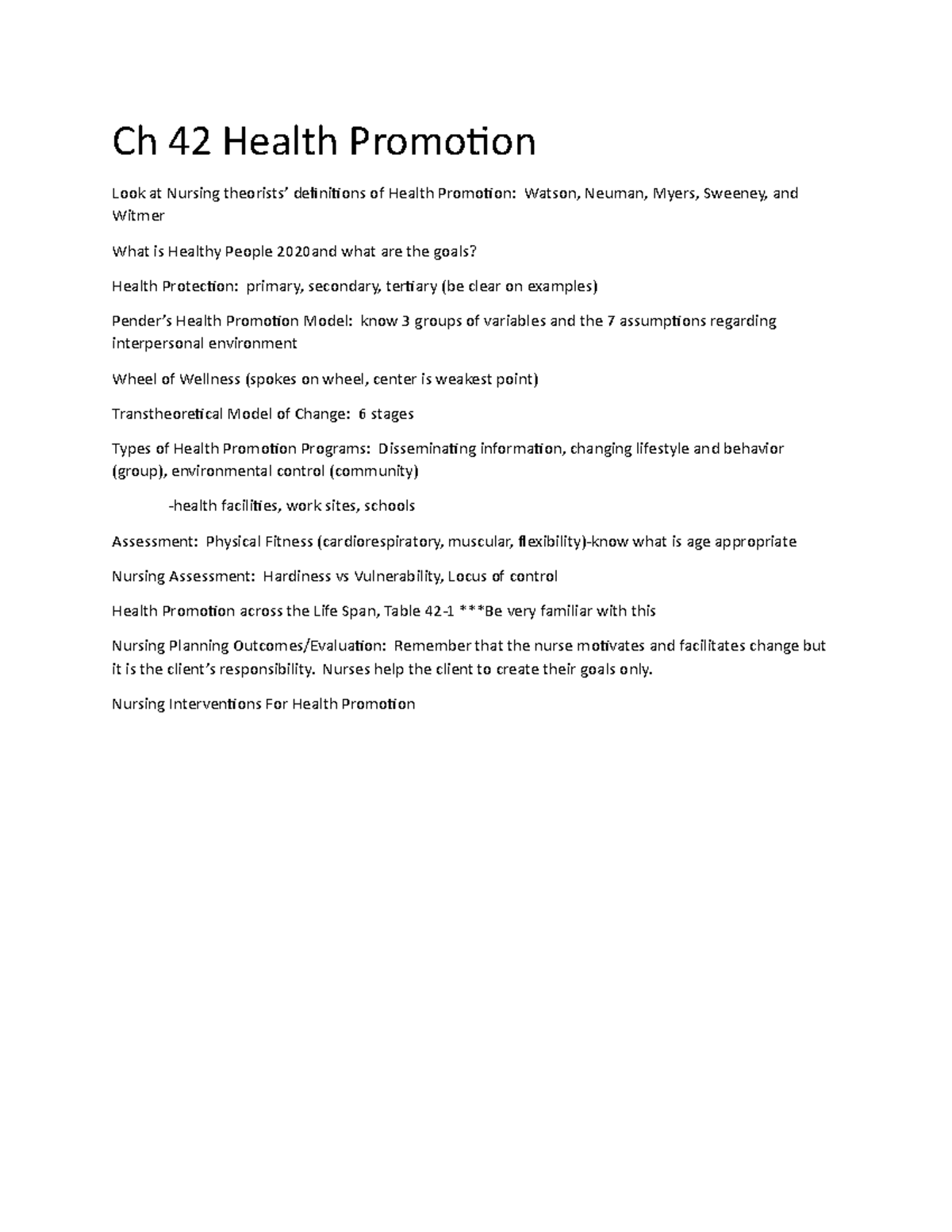 Ch 42 Study Guide - Lecture Notes 42 - Ch 42 Health Promoion Look At ...