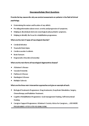 Neuropsychology Short Questions and Answers - Neuropsychology Short ...