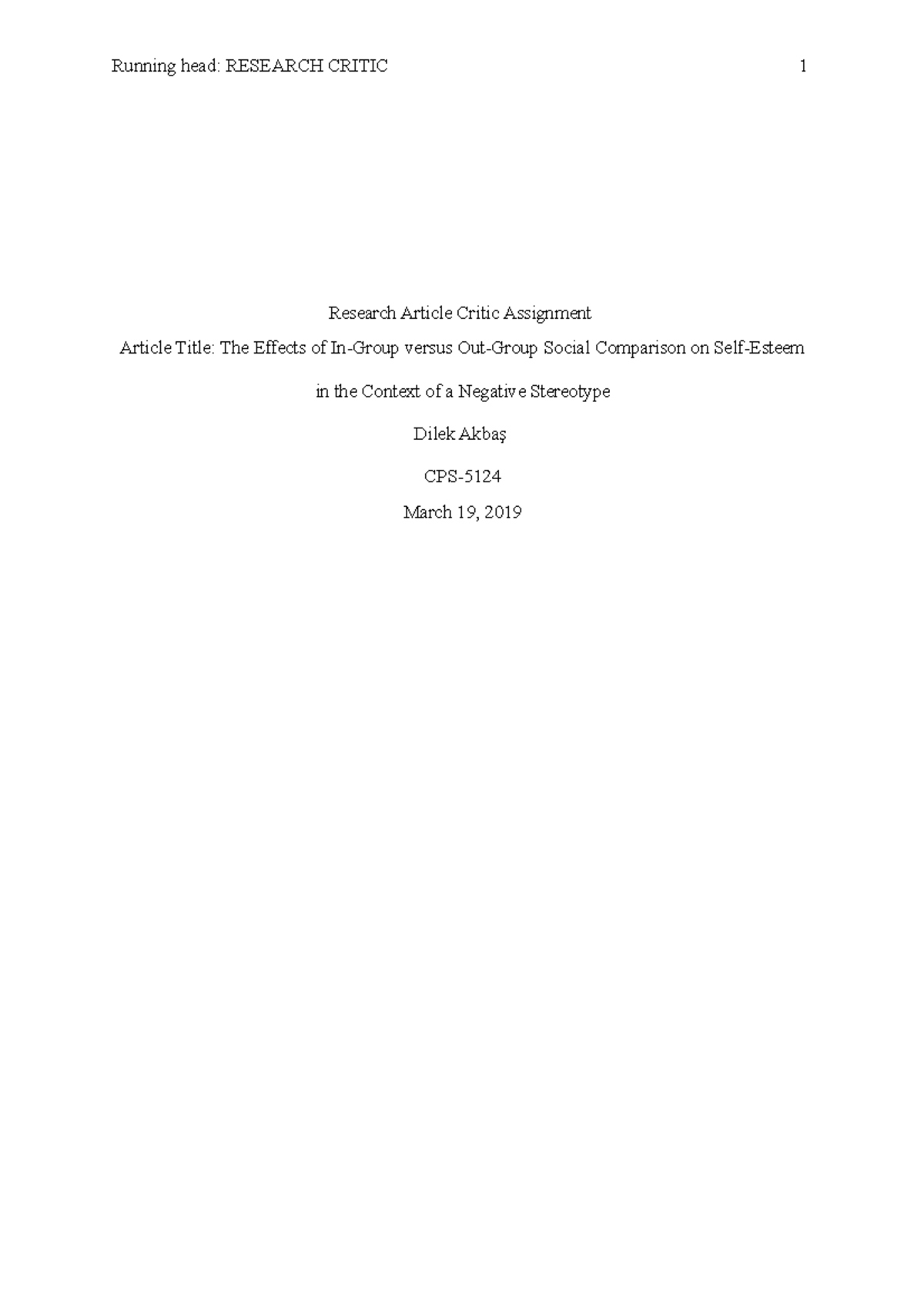 Research Article Assignment - Running head: RESEARCH CRITIC 1 Research ...