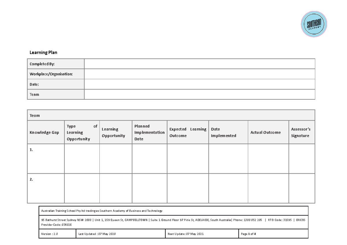 Bsbcrt 511 Learning Plan templates - Learning Plan Completed By ...