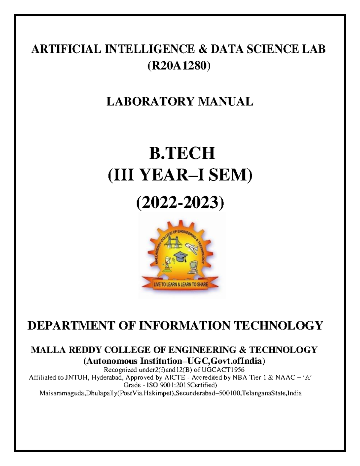 Artificial Intelligence & DATA Science LAB Manual ARTIFICIAL