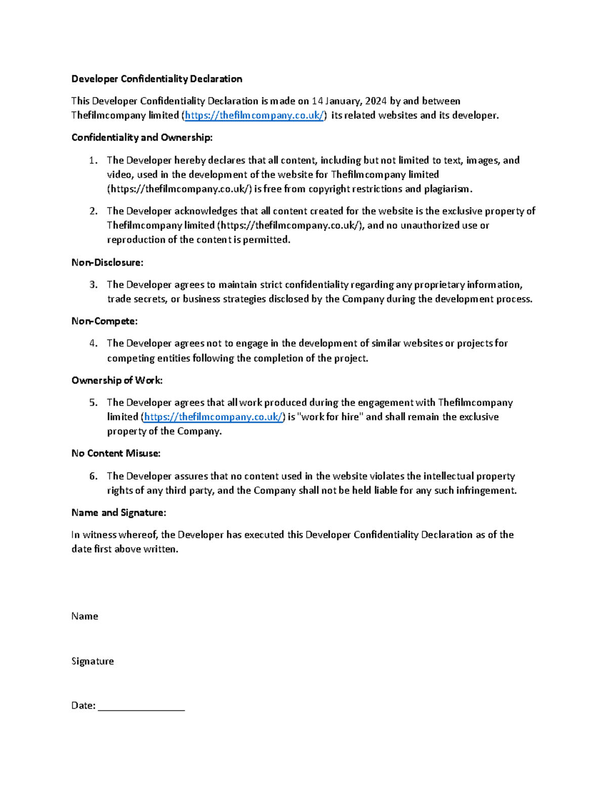 Developer Confidentiality Declaration - co/) its related websites and ...