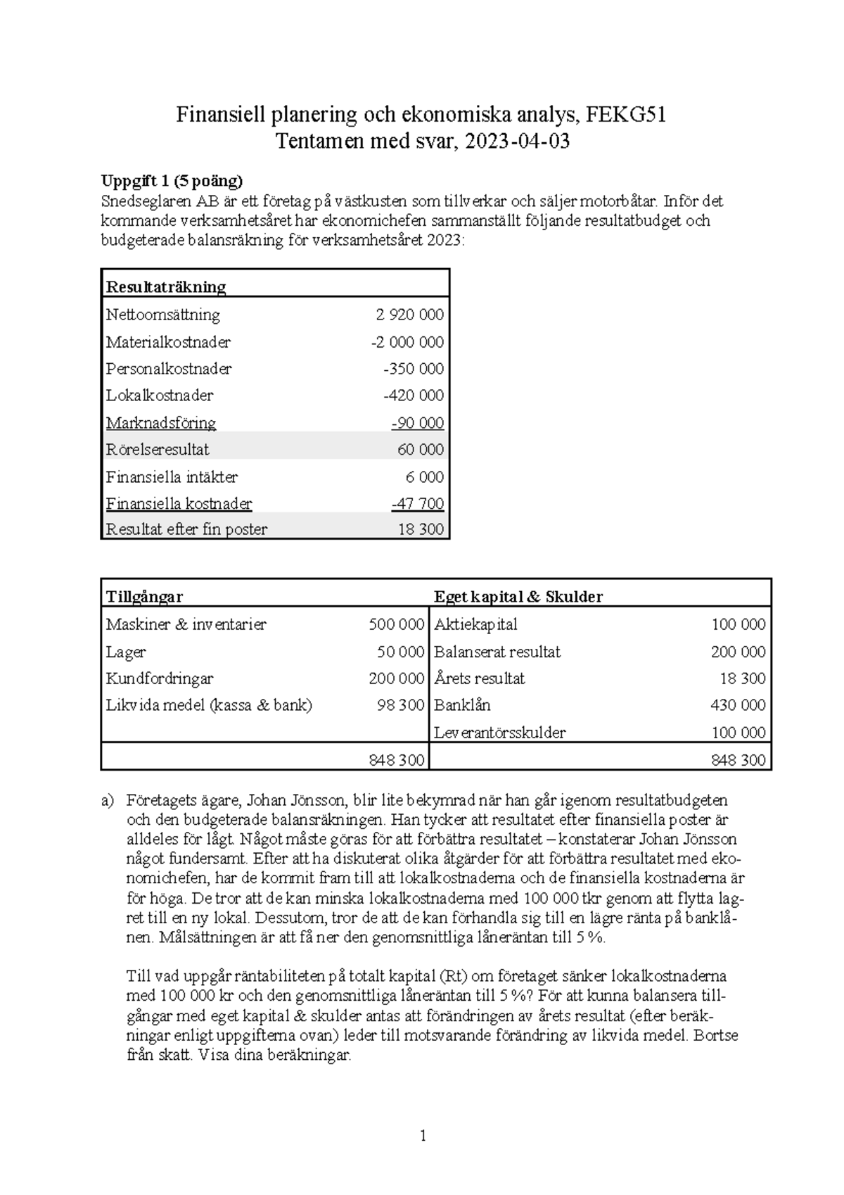 Tentamen Med Svar - 2023-04-03 - Finansiell Planering Och Ekonomiska ...