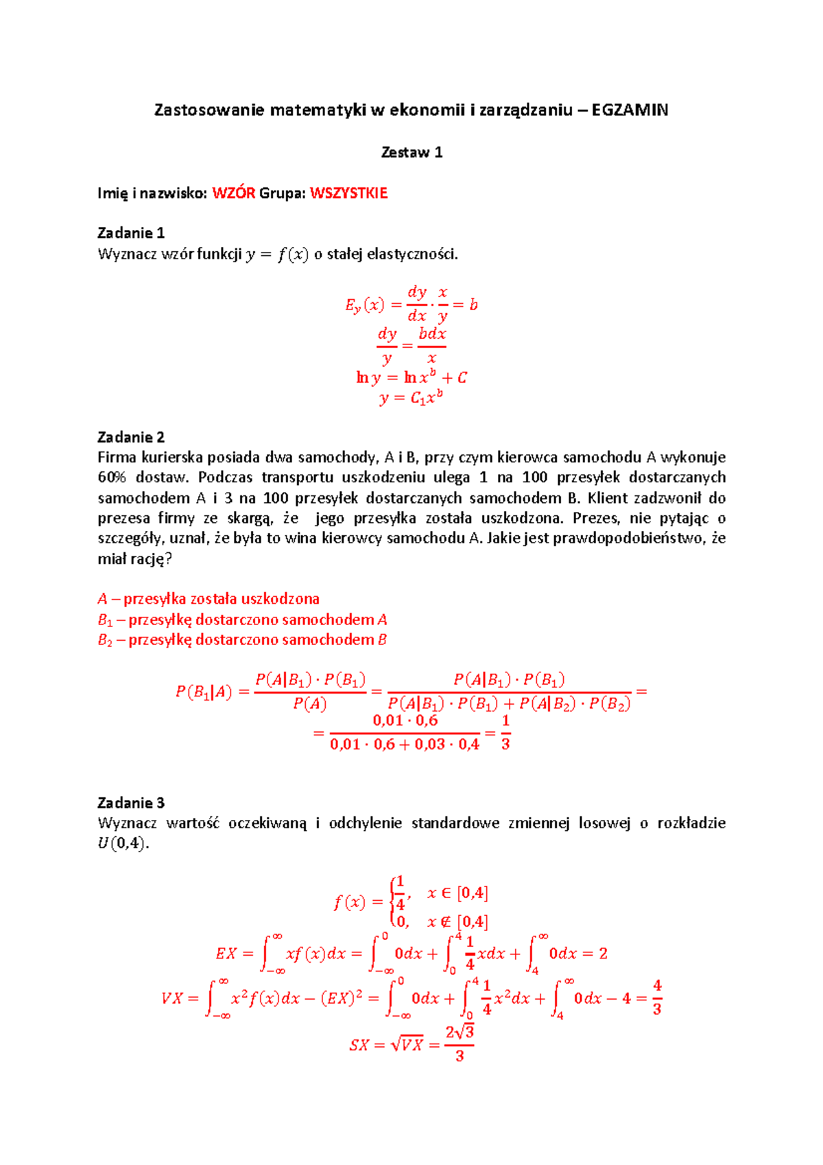 Egz Matma Z Odp Zastosowanie Matematyki W Ekonomii I Zarz Dzaniu