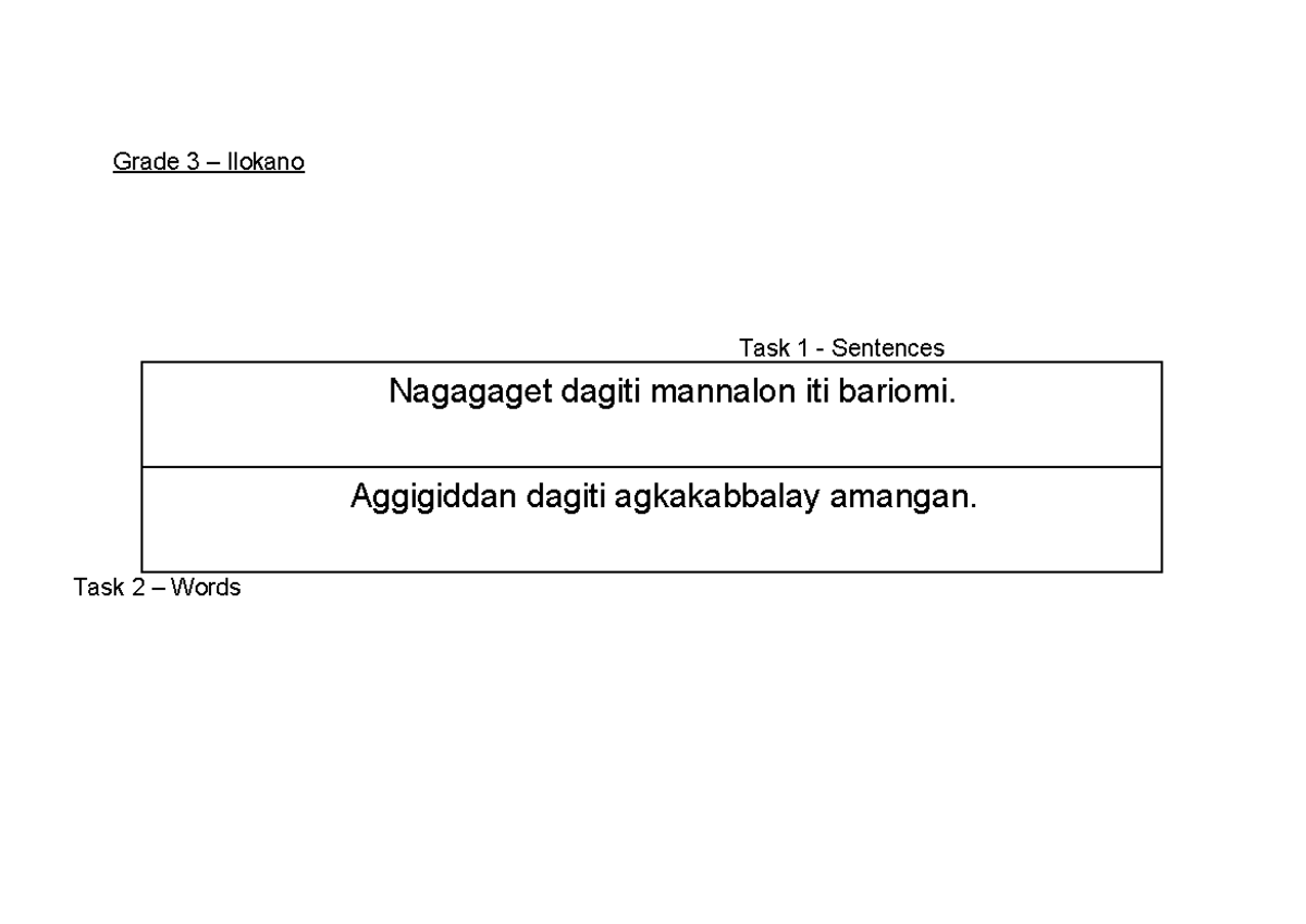 Grade 3 Assessment Tool Ilokano Filipino English Grade 3 Ilokano Task 1 Sentences