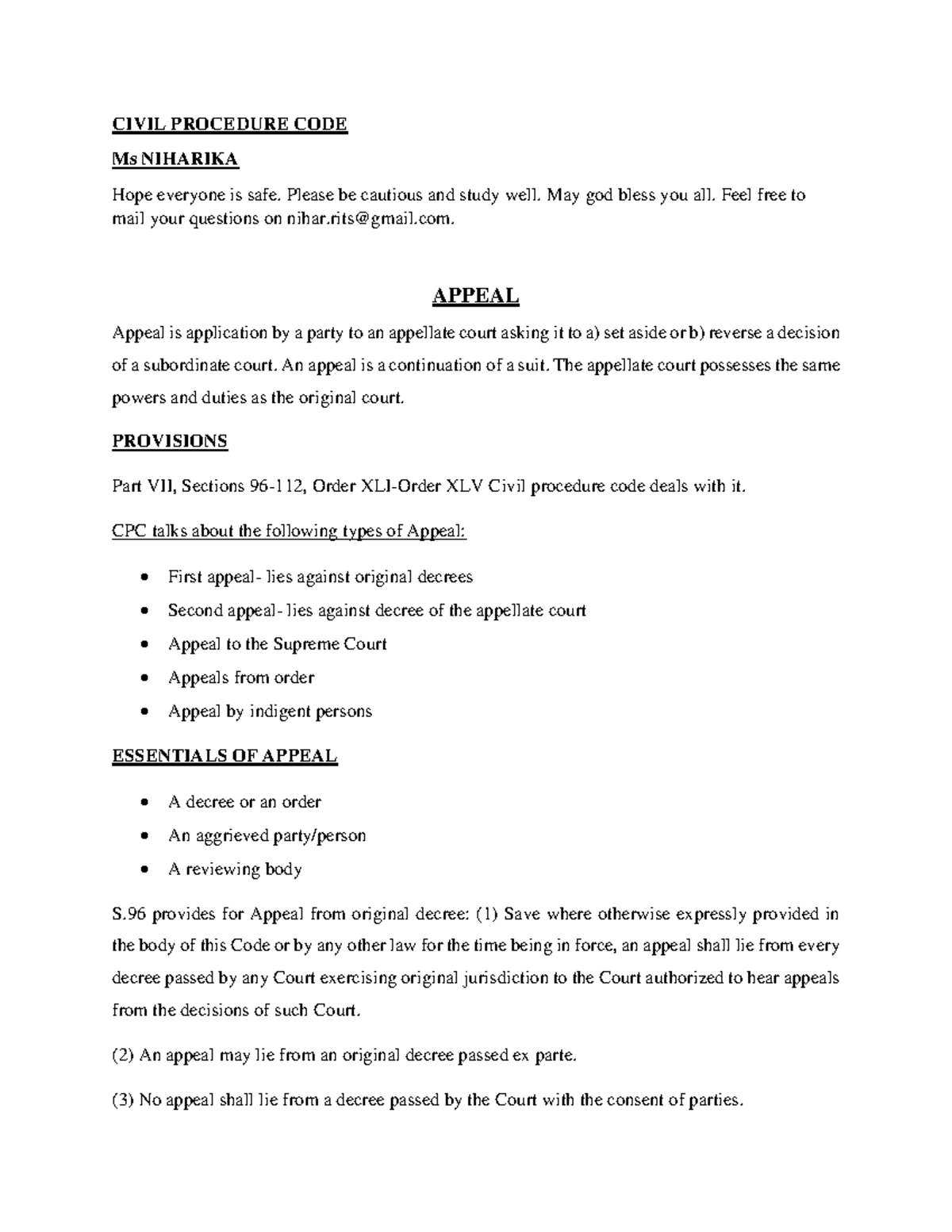 Appeal under cpc as to be read CIVIL PROCEDURE CODE Ms NIHARIKA