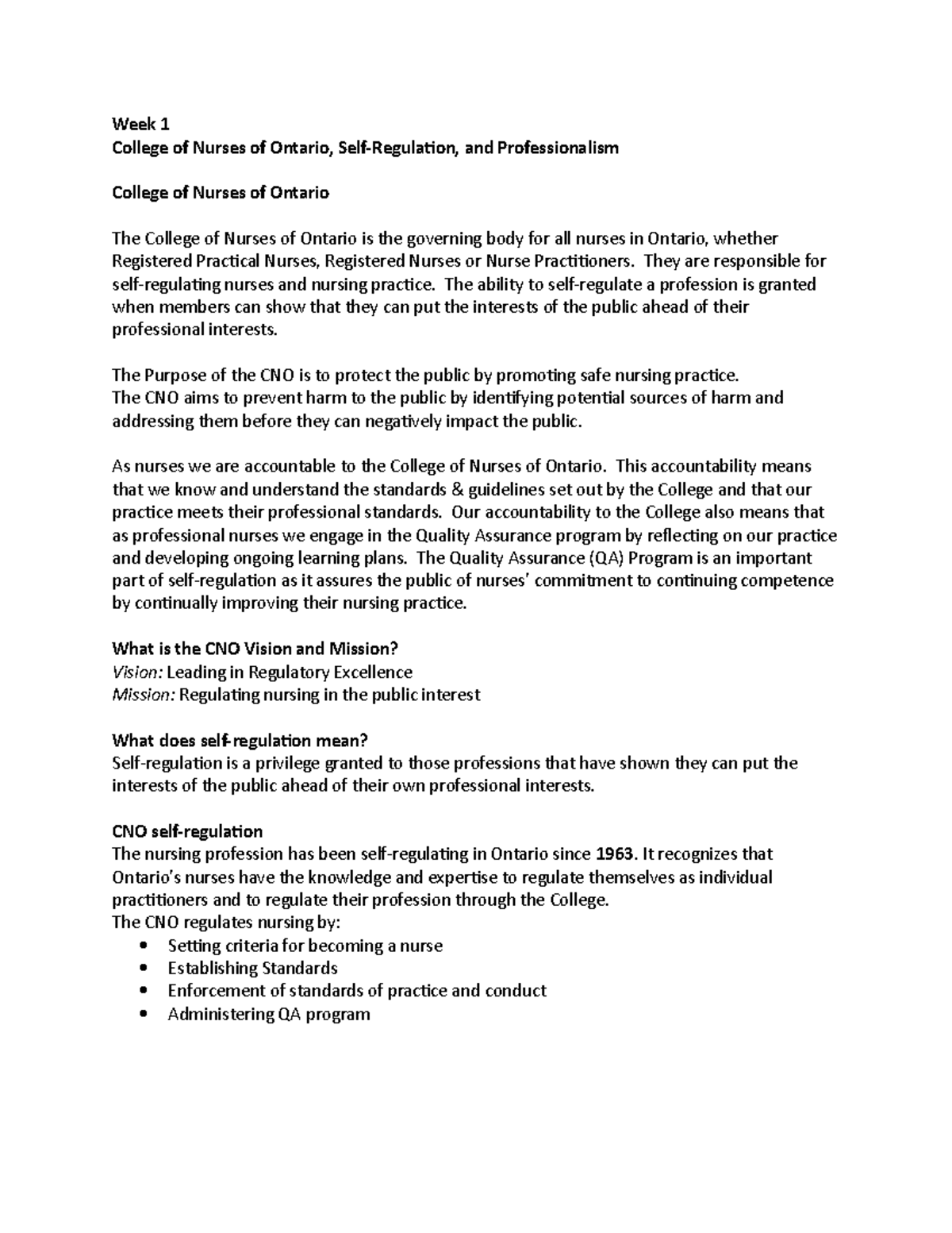 CNO Self Regulation and Professionalism Part 1 Week 1 College of