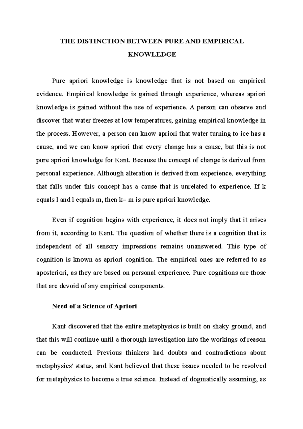 THE Distinction Between PURE AND Empirical Knowledge THE DISTINCTION