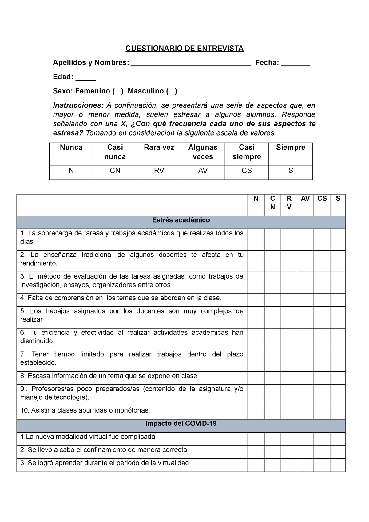 Cuestionario DE Entrevista - CUESTIONARIO DE ENTREVISTA Apellidos Y ...