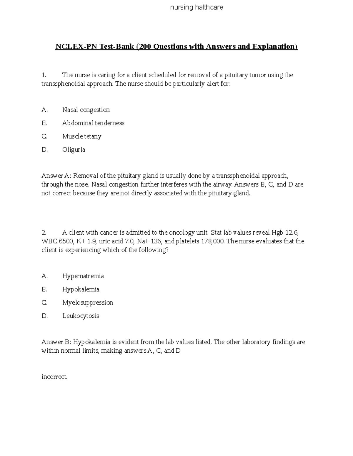 Nclex PN Testbank - NCLEX-PN Test-Bank (200 Questions with Answers and ... image.