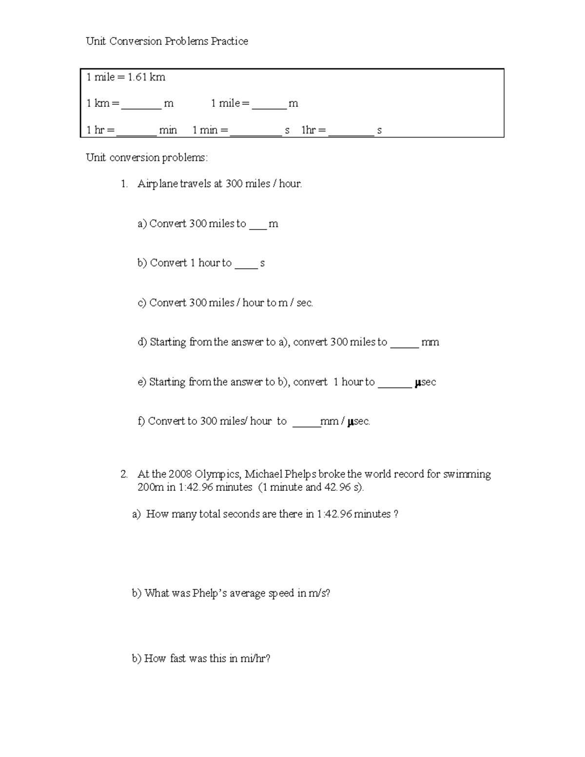 18. Unit Conversion WS - Unit Conversion Problems Practice 1 mile = 1 ...