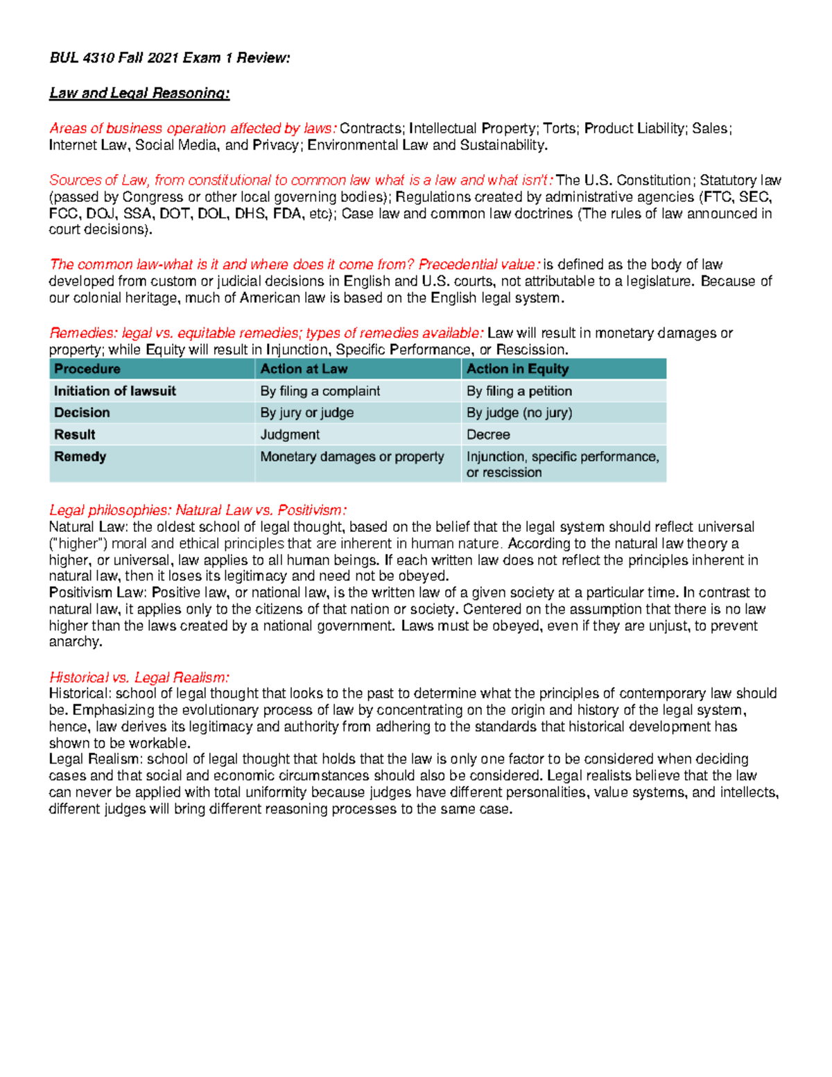BUL 4310 Fall 2021 Exam 1 Review - BUL 4310 Fall 2021 Exam 1 Review: Law and Legal Reasoning