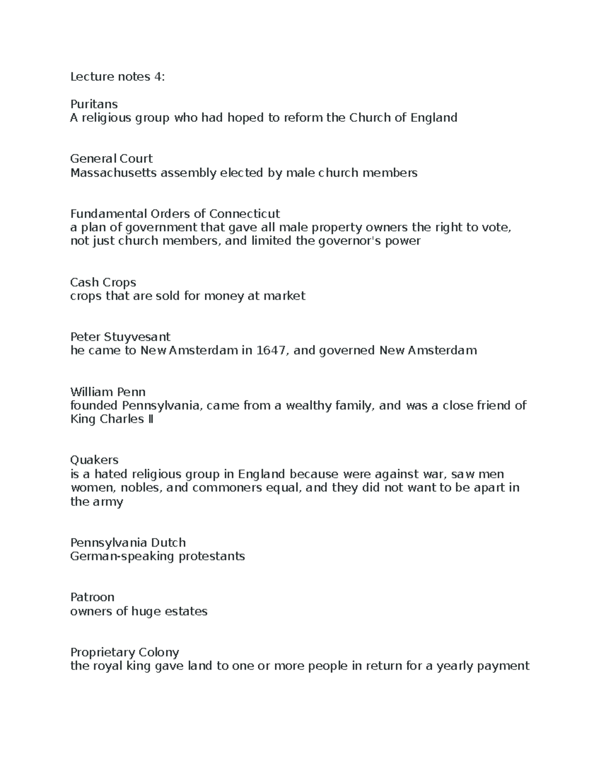 Note lecture class 4 U.S History: - Lecture notes 4: Puritans A ...