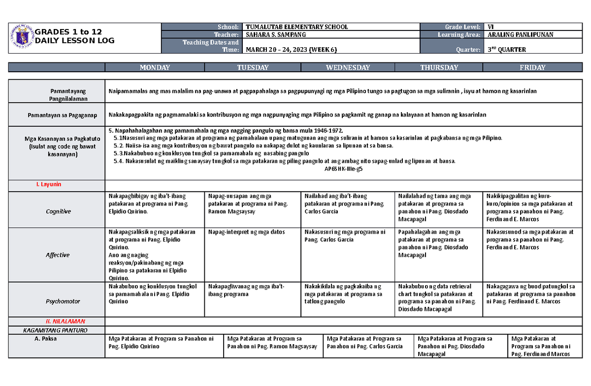 DLL Araling Panlipunan 6 Q3 W6 - GRADES 1 to 12 DAILY LESSON LOG School ...