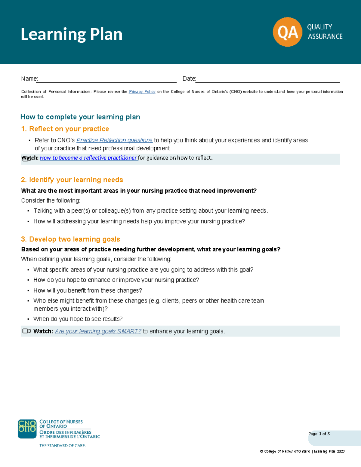 Qa learning plan fillable en - Learning Plan Name: Date: Collection of ...