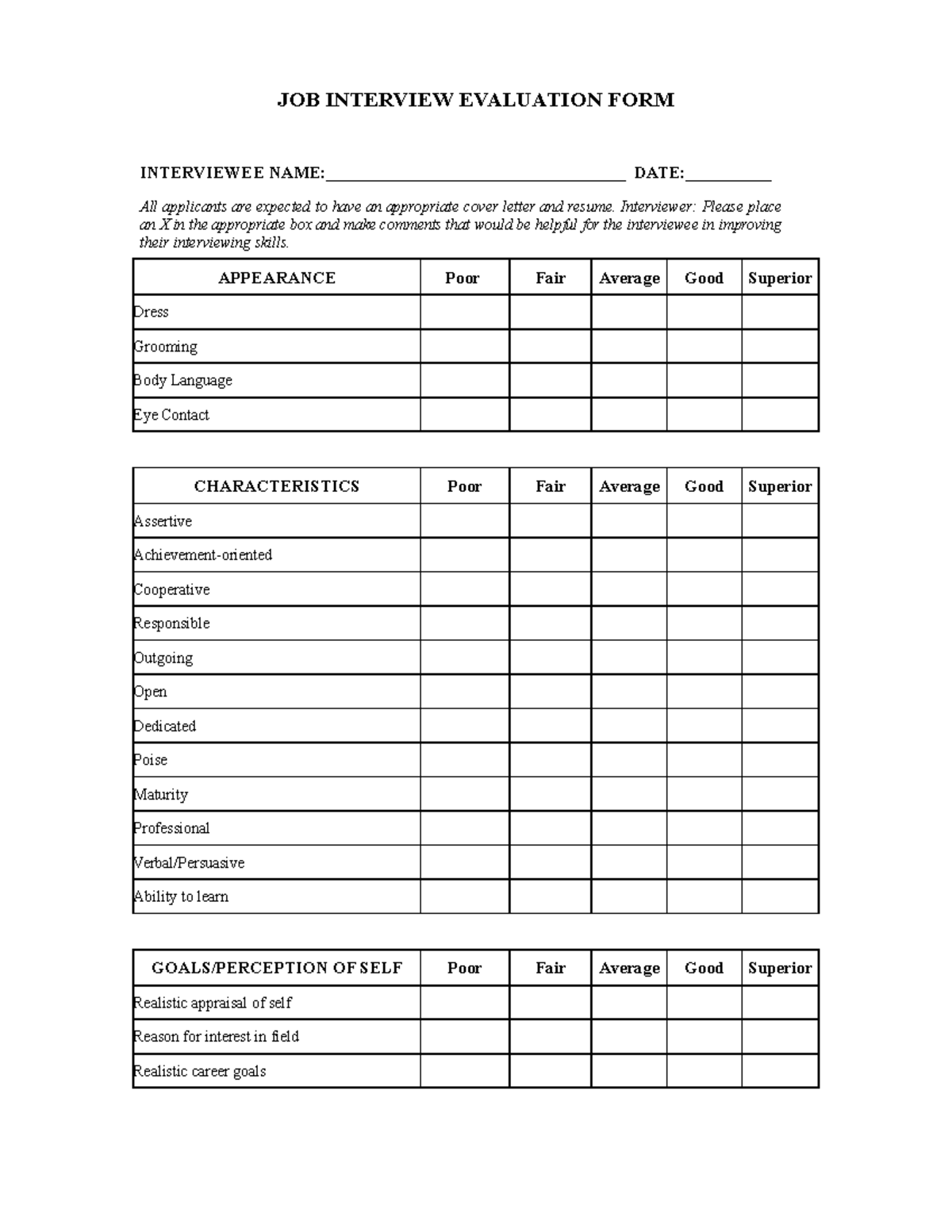 Job Interview Evaluation JOB INTERVIEW EVALUATION FORM INTERVIEWEE 