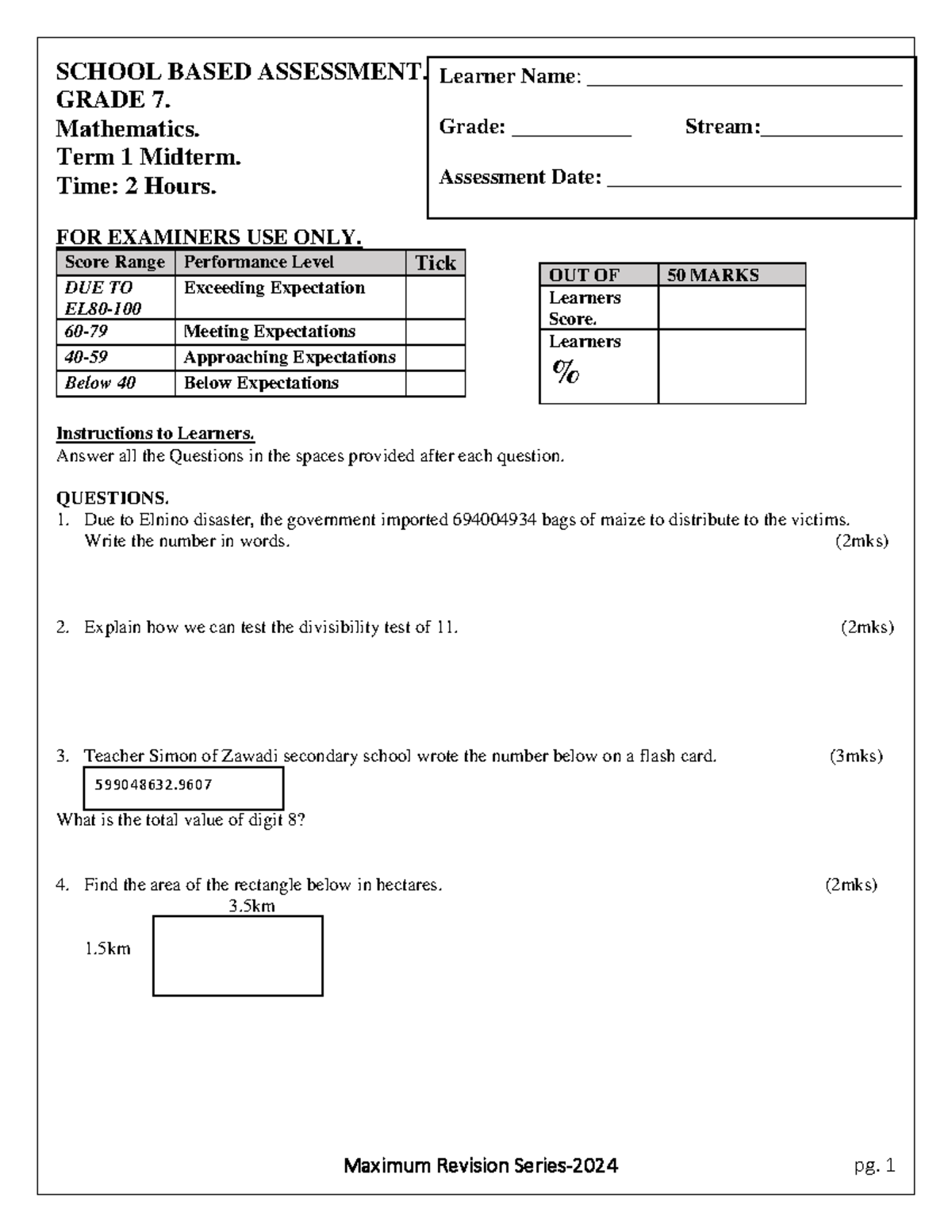 G7 T1 Mathematics Midterm - SCHOOL BASED ASSESSMENT. GRADE 7 ...