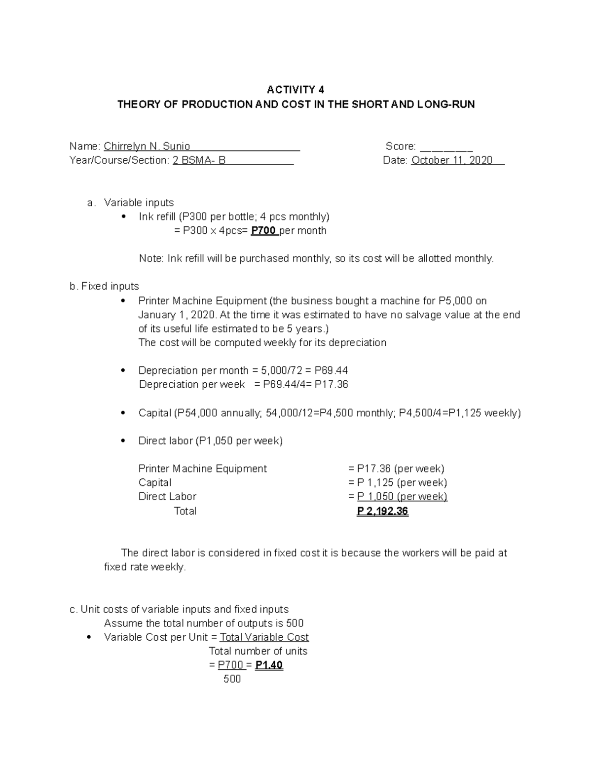 Activity 4 - Lecture notes 1 - ACTIVITY 4 THEORY OF PRODUCTION AND COST ...