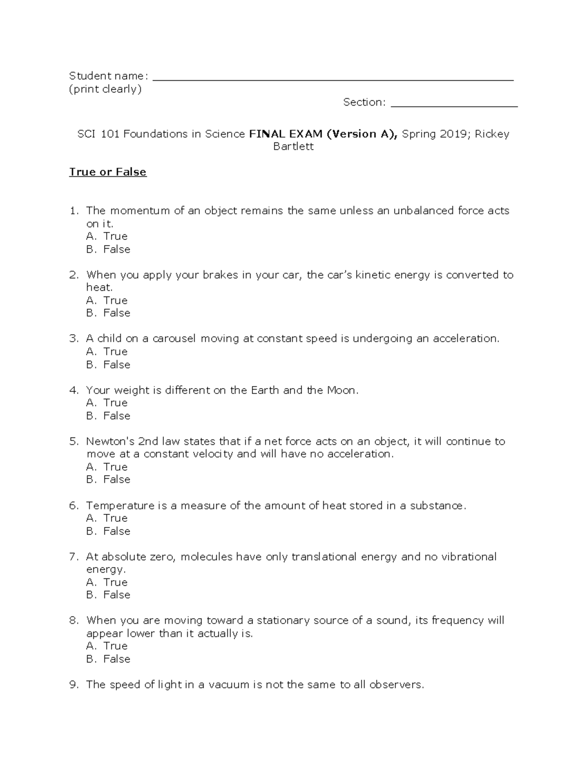 SCI 101 Final Exam Spring 2019 - Student name: - Studocu