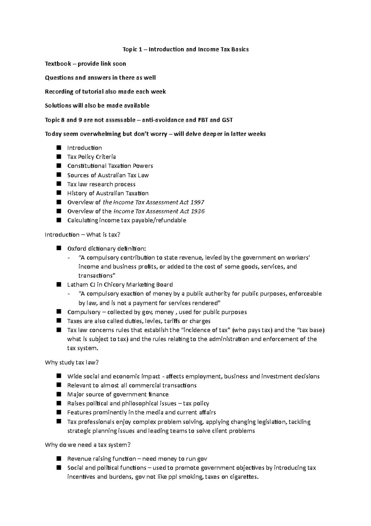 Topic 1 - lecture notes - Topic 1 – Introduction and Income Tax Basics ...