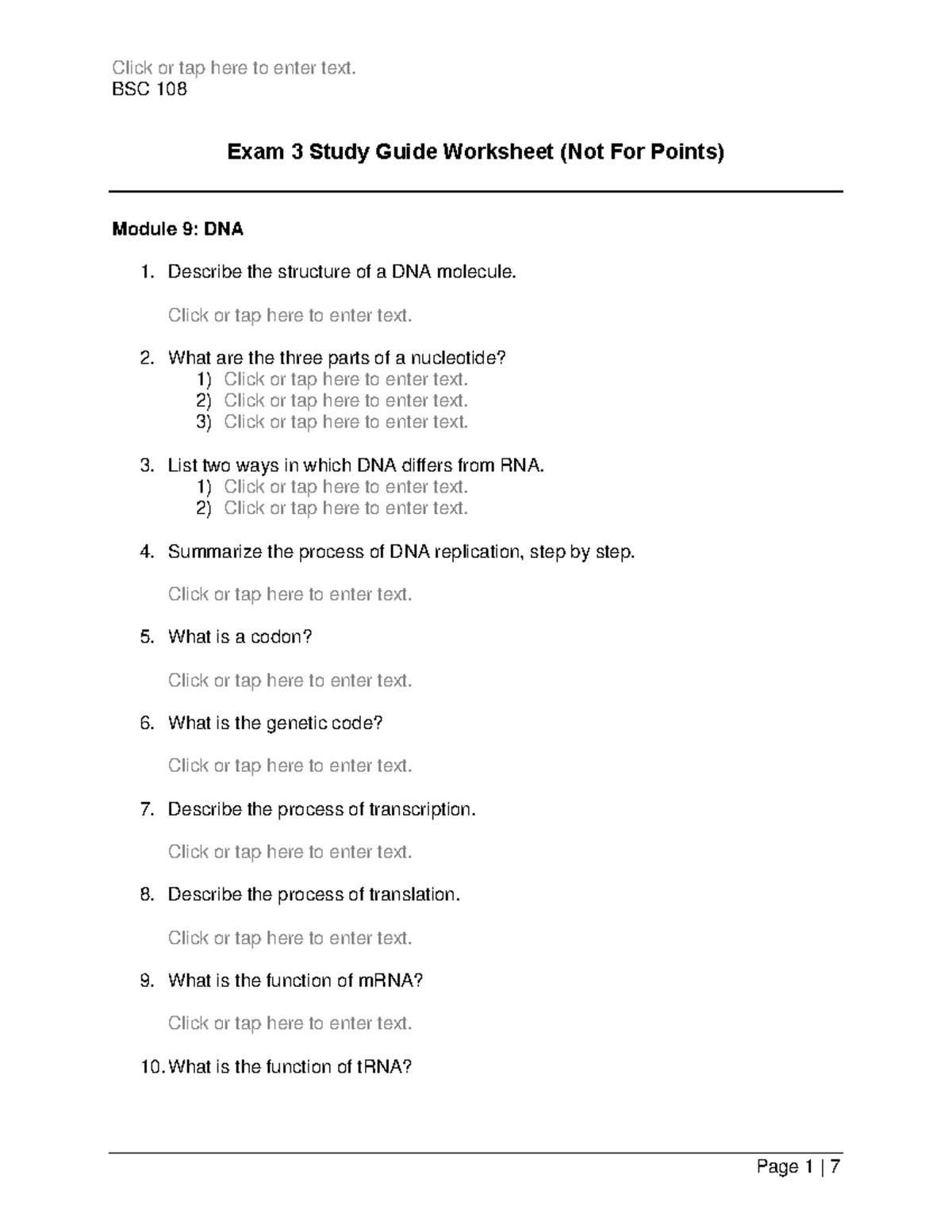 Exam 3 Study Worksheet - BSC 108 Exam 3 Study Guide Worksheet (Not For ...