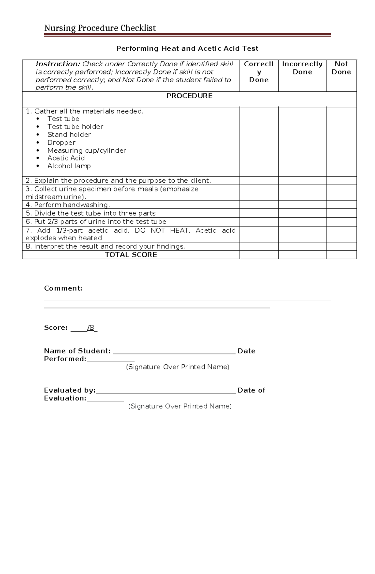 Acetic ACID TEST Checklist - Nursing Procedure Checklist Performing ...