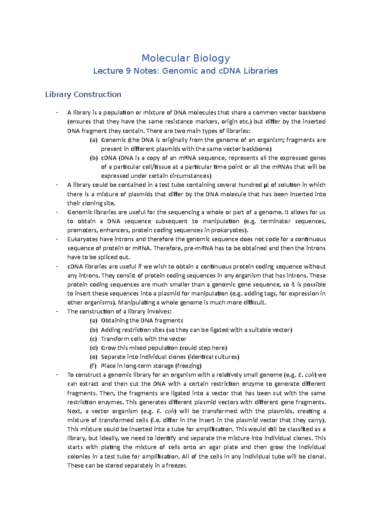 Lecture 9 Notes (Genomic and c DNA Libraries) Molecular Biology