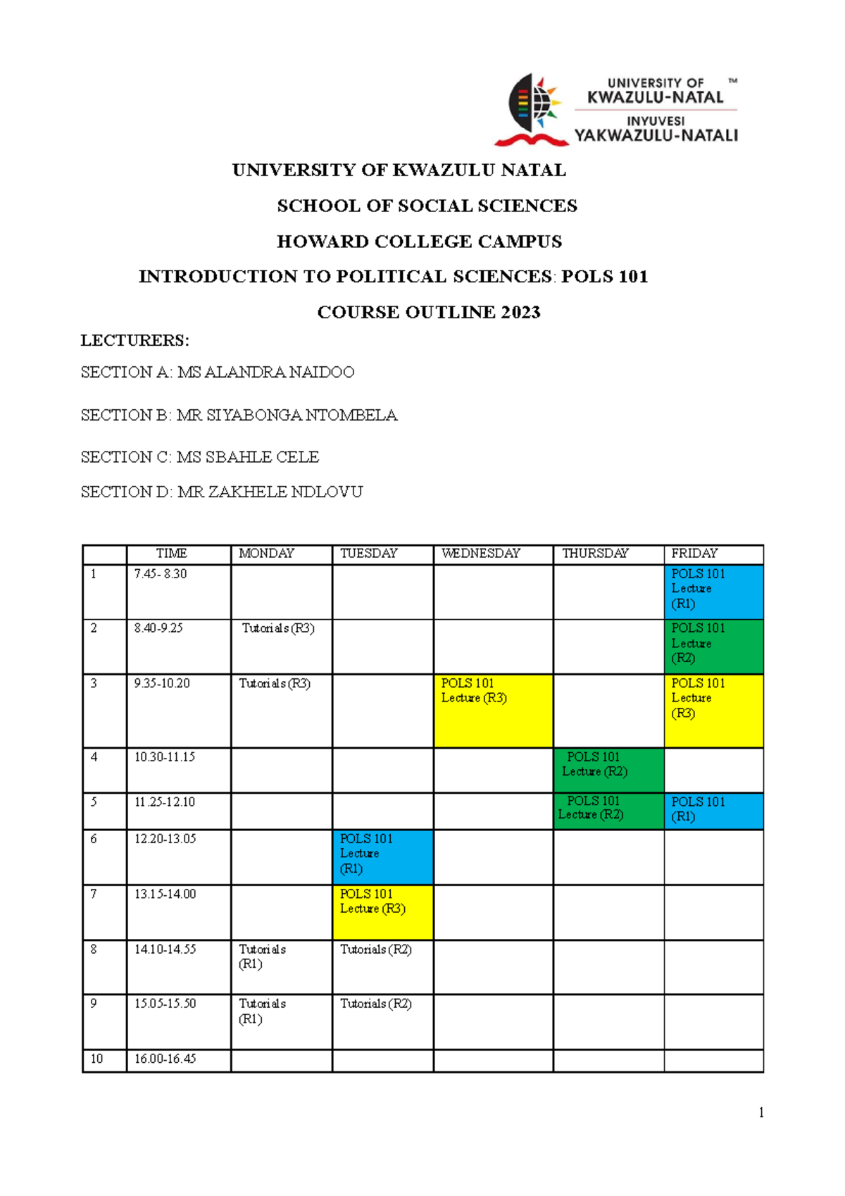 POLS101 Course Outline 2023 - UNIVERSITY OF KWAZULU NATAL SCHOOL OF ...