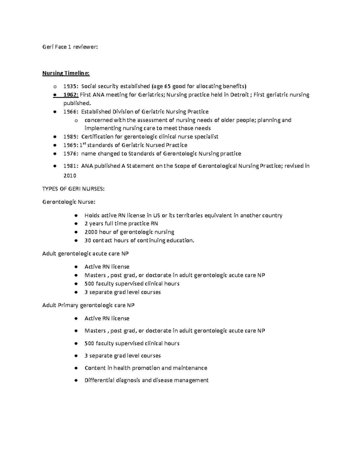 Geri exam1 - Usesgul - Geri Face 1 reviewer: Nursing Timeline: o 1935 ...