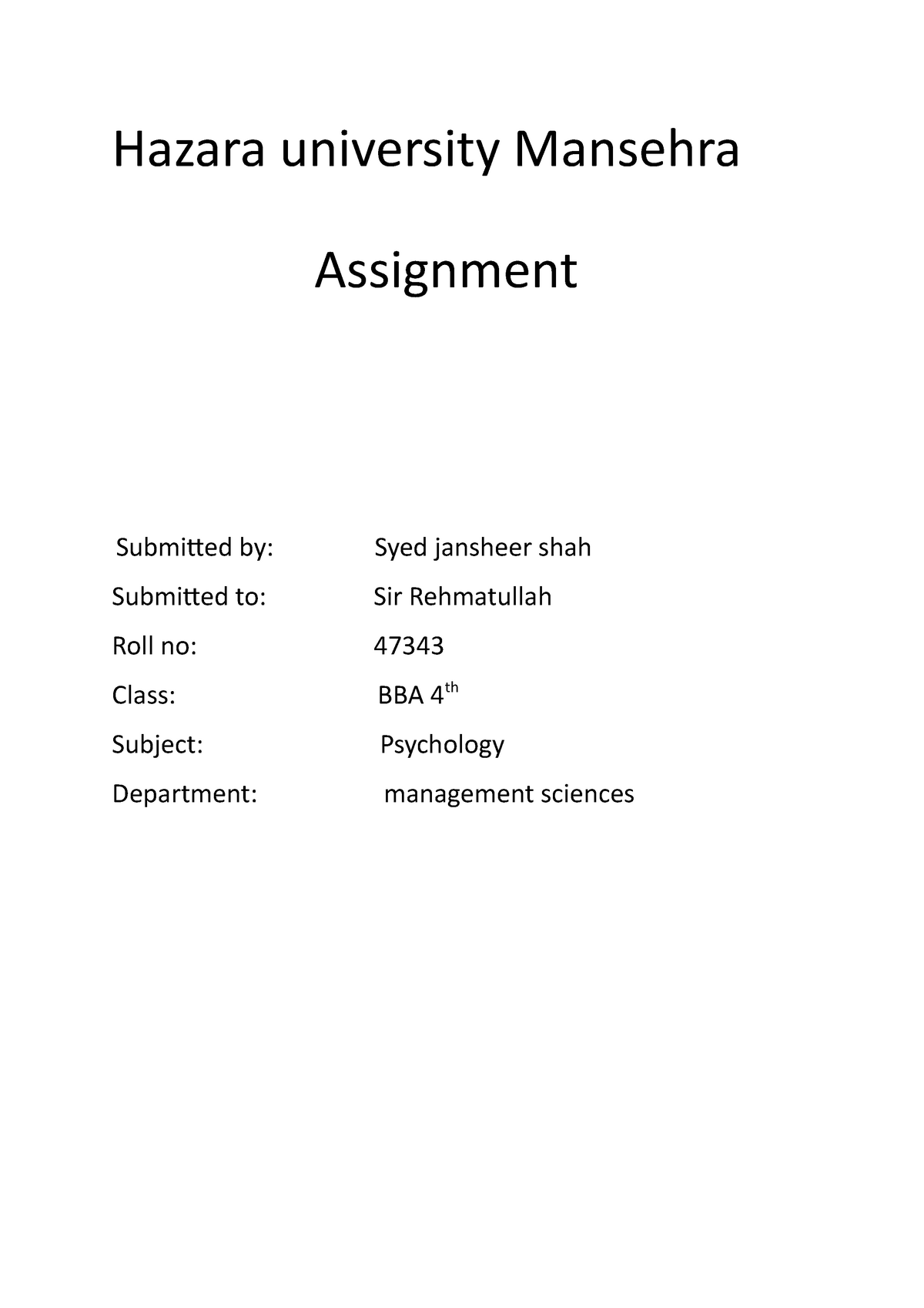 hazara university assignment front page