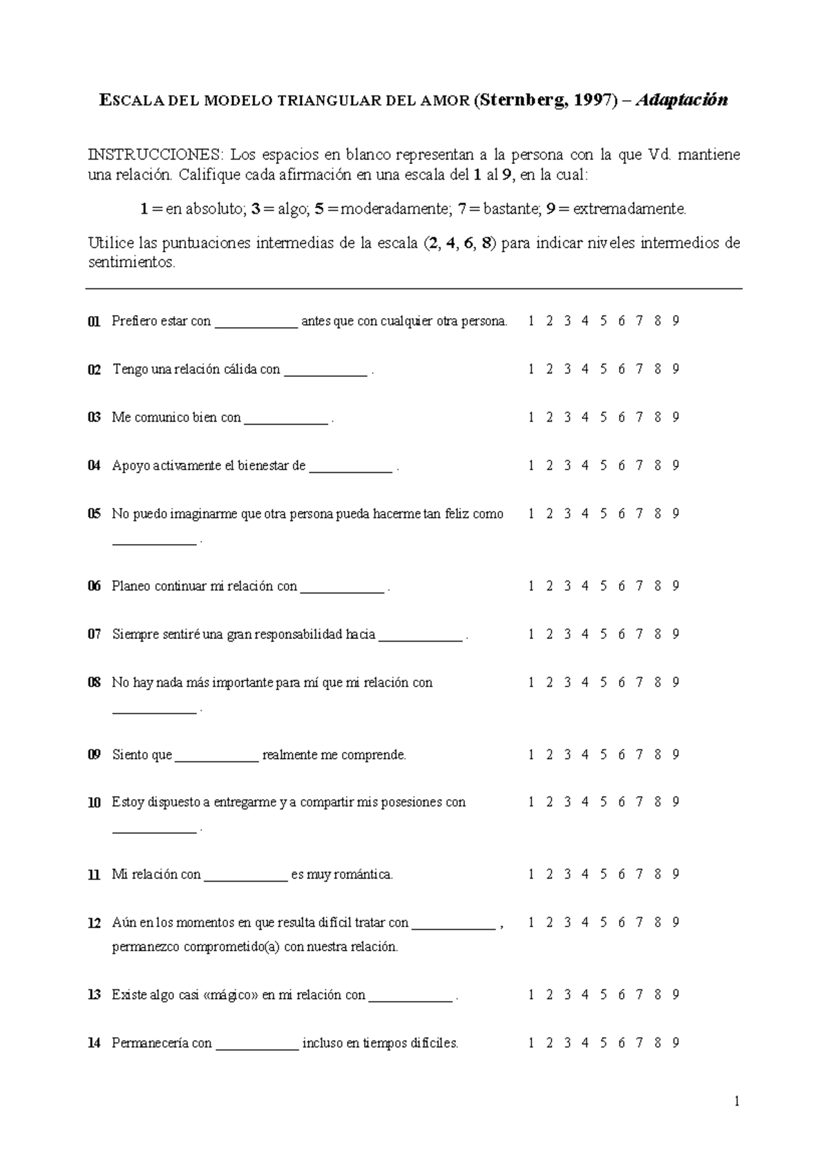 Test de los componentes del amor de Sternberg - 1 E SCALA DEL MODELO ...