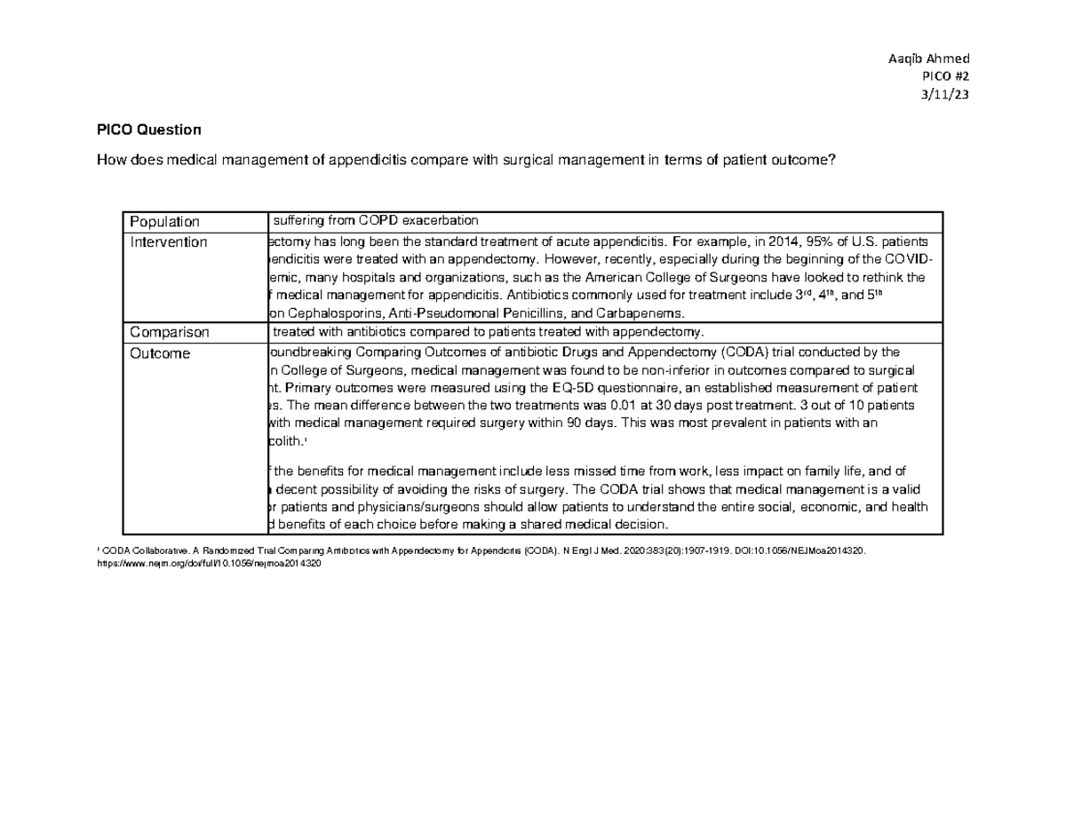 Appx PICO - appendix - Aaqib Ahmed PICO 3/11/ PICO Question How does ...