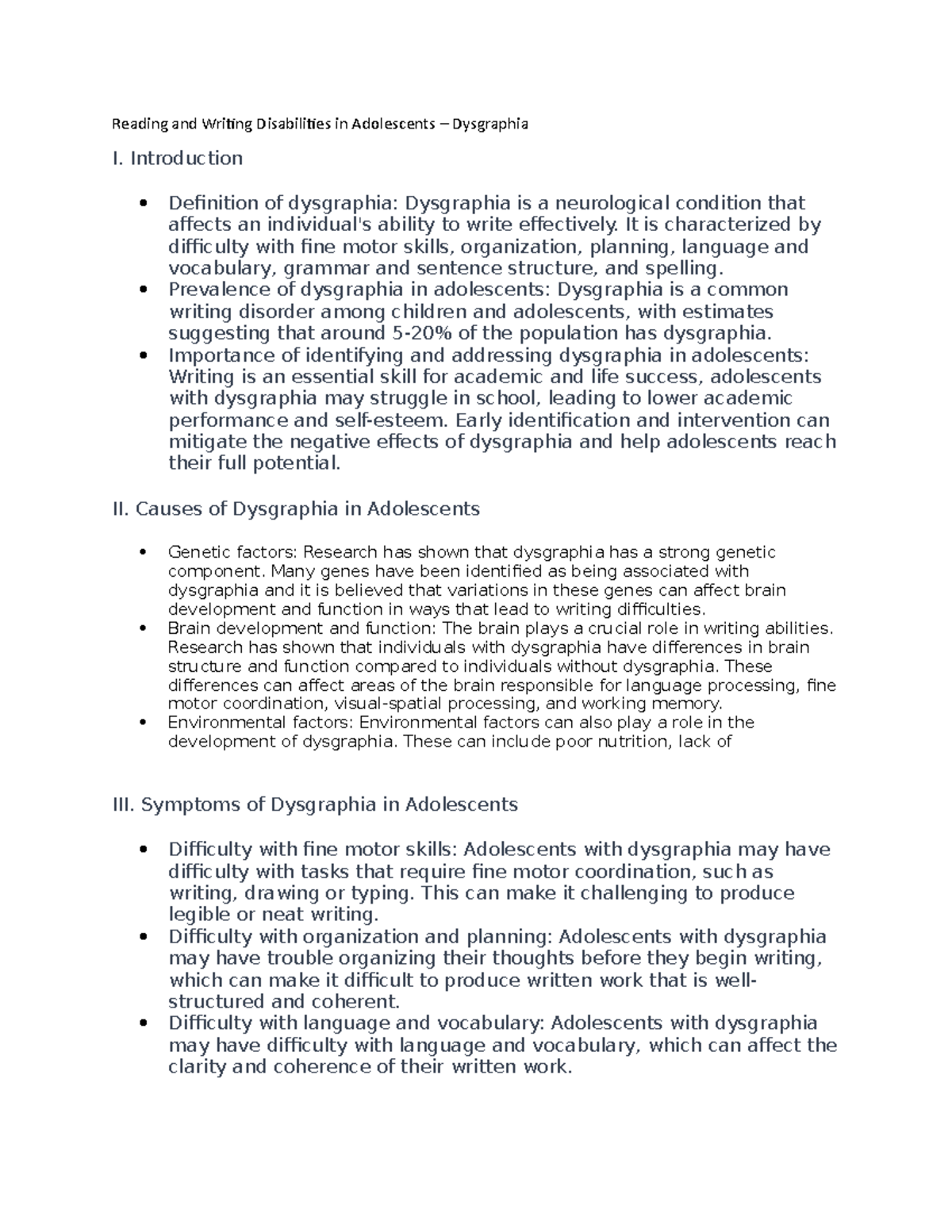 Reading and Writing Disabilities in Adolescent Dysgraphia