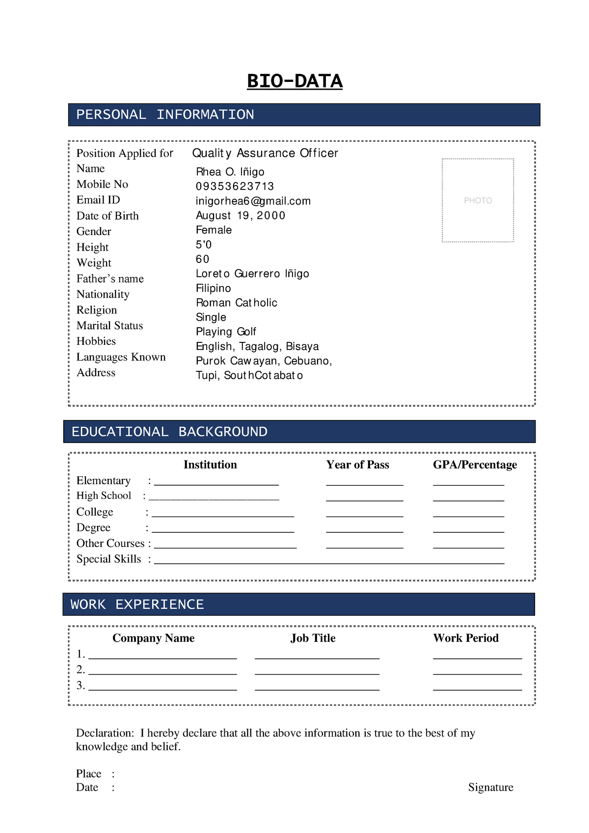 Biodata-in-word - Sample BioData - N Year of Pass GPA/Percentage ...