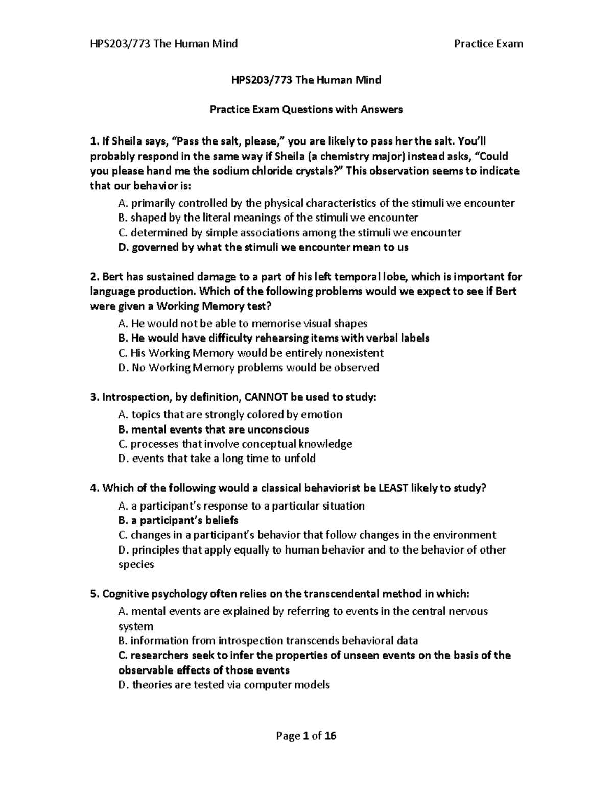 Sample/practice exam 2017, questions and answers The Human Mind