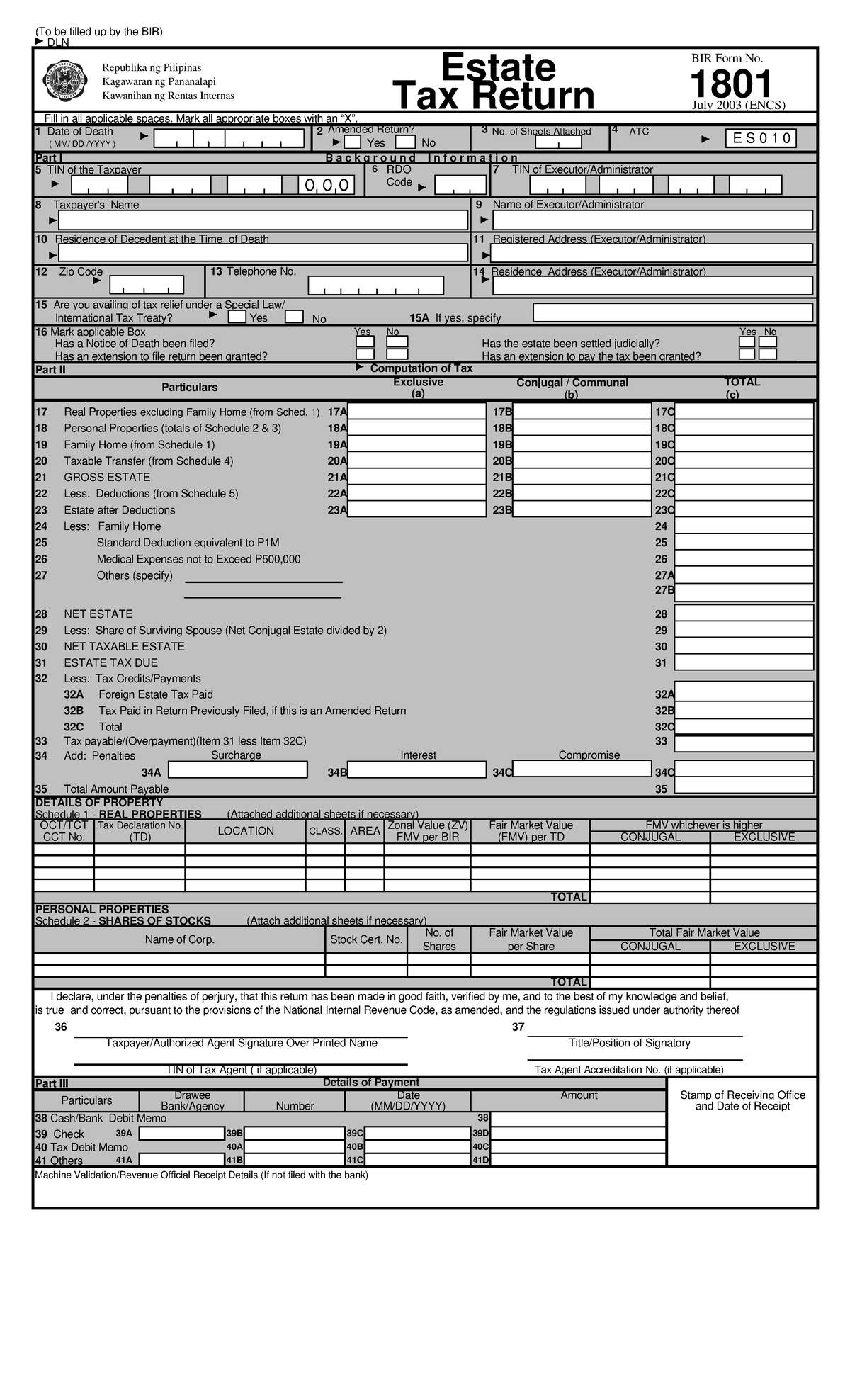 BIR Form No. 1801 Estate Tax Return - (To Be Filled Up By The BIR) DLN ...